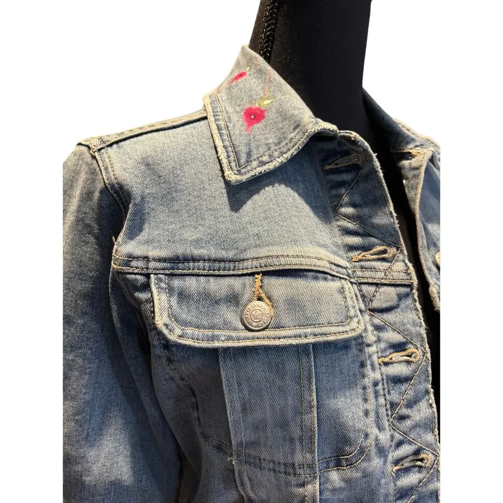 BEBE Denim Jean Jacket with Hand Painted Pink Roses Size Sm, EUC